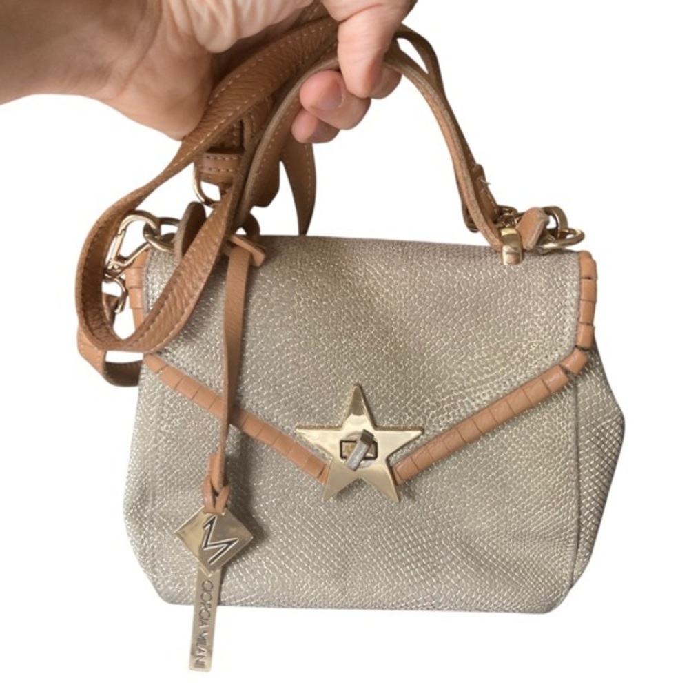 Gold and Tan Crossbody Bag with Adjustable Straps and Structured Shape